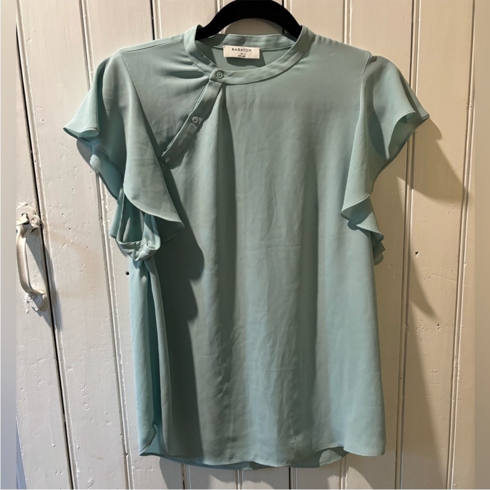 Aritzia Babaton Light Blue Ruffle Sleeve Blouse
